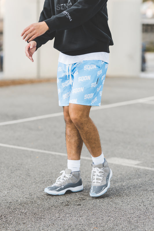 "BLUE" SQDN Patterned Logo Shorts